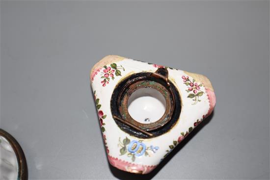 Two hat shaped pill boxes, one Limoges and an early 19th century English enamelled patch box